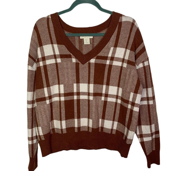 Christian Siriano Brown Plaid Pullover V Neck Sweater, Size L - Picture 1 of 5